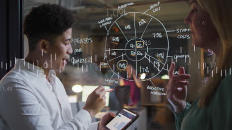 animation of financial data processing over diverse business people working in office