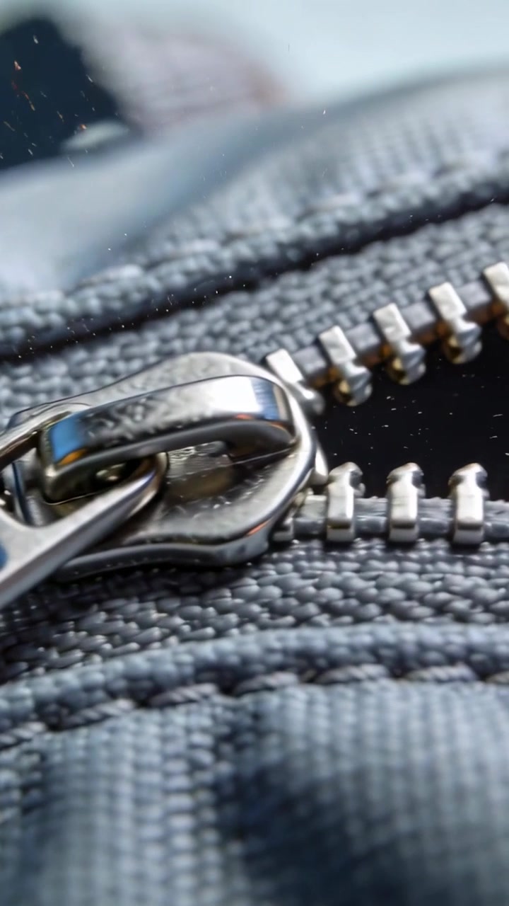 Vídeo vertical: Puxando a aba, movendo o cursor de metal sobre os dentes em tecido cinza, expondo o interior preto.