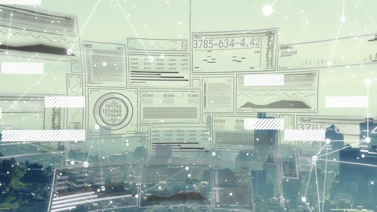 데이터 처리 및 연결 네트워크와의 인터페이스의 애니메이션 도시 풍경의 공중 전망을 통해