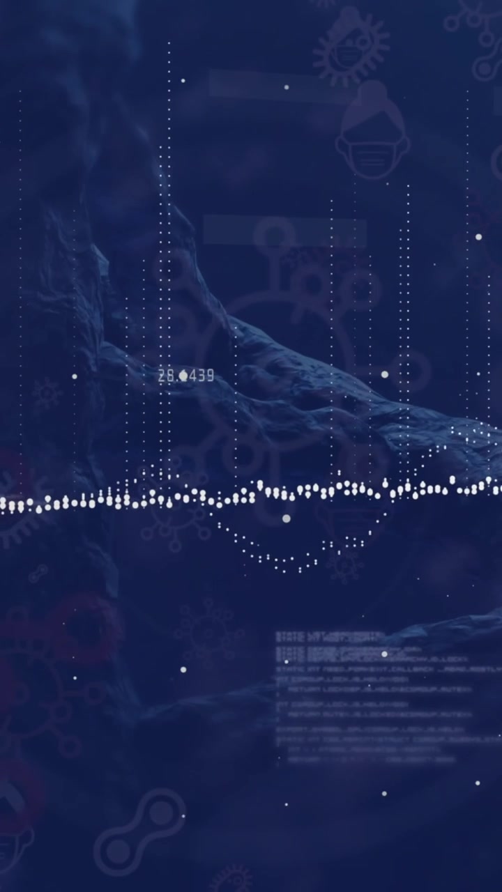 Animation of data processing over dna structure and covid-19 cell icons against blue background