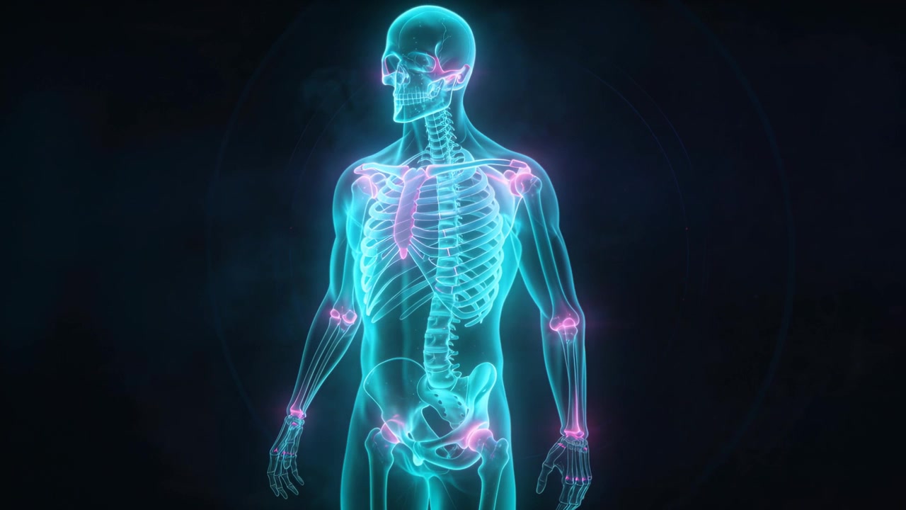 Animazione che inizia, modello scheletrico ciano che ruota a destra in uno studio buio, mostrando il movimento delle articolazioni magenta.