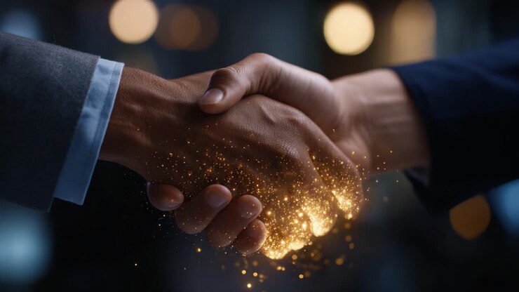Un potente scambio: due mani che si stringono con una magica scintilla, a simboleggiare fiducia, partnership e successo nella collaborazione aziendale