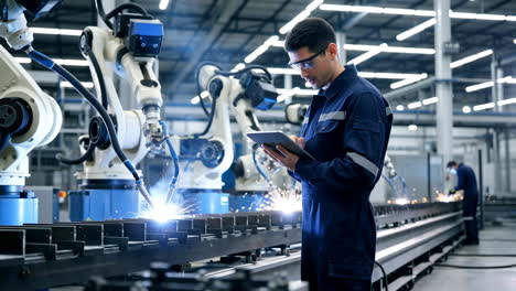 engineer overseeing robotic welding in a modern factory