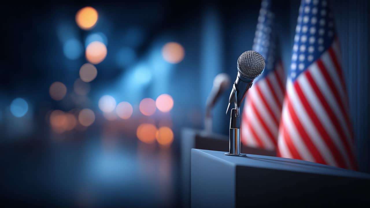 Un primo piano di un microfono pronto per un discorso a un evento, con bandiere americane sullo sfondo, che riflette l'atmosfera di attesa e coinvolgimento pubblico.