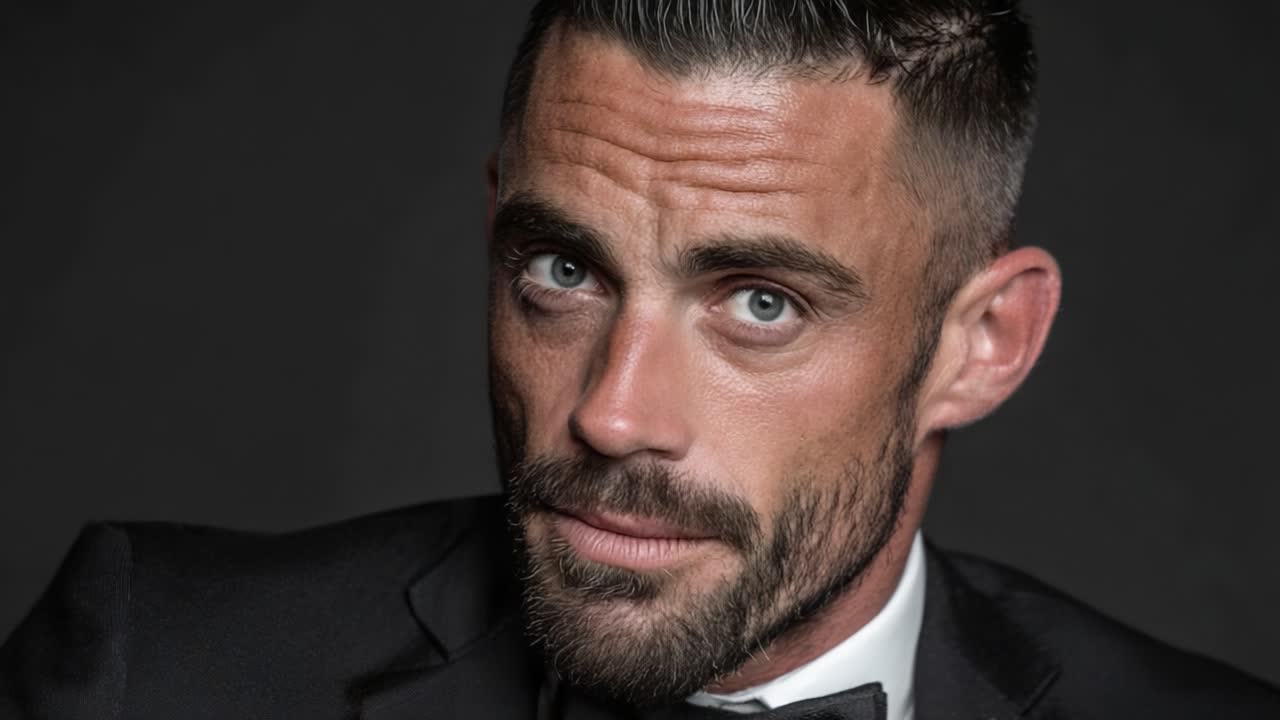 Captivating Male Portrait in Formal Attire with Intense Expression and Stylish Grooming, Showcasing Confidence and Charisma in a Dramatic Setting