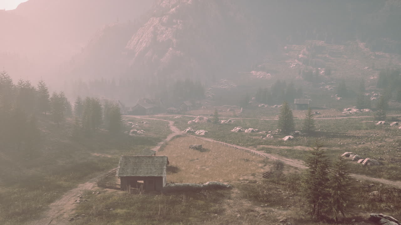 바위 산의 배경에 있는 오래된 나무 마을