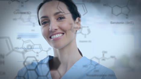 primer plano de una mujer y productos químicos que se unen