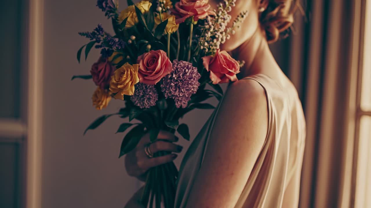 Elegant woman in a sleeveless dress holding a vibrant bouquet of colorful flowers, partially obscuring her face, near a window with soft, diffused light
