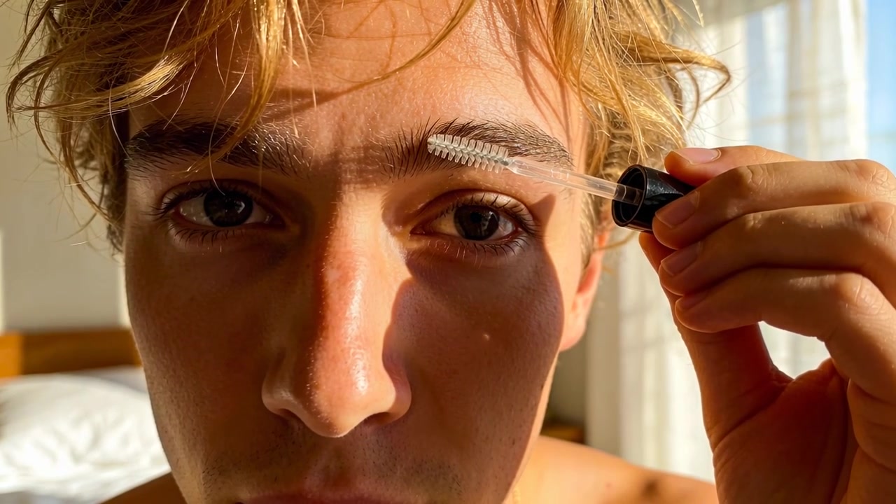 Mann mit nacktem Oberkörper bringt Spoolie zur Augenbraue, pflegt im Schlafzimmer seine Augenbrauen, um die Haare zu formen.