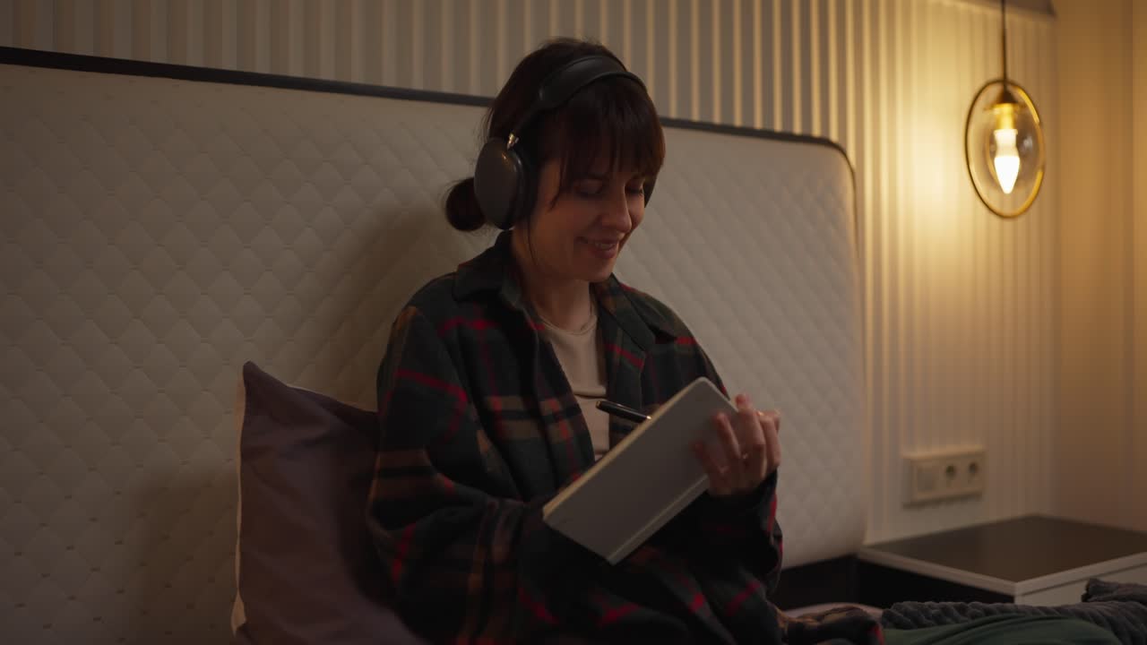 Woman writing in notebook on bed