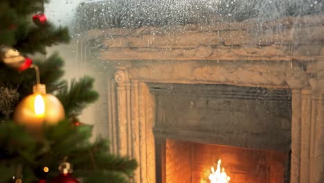 christmas fireplace scene with decorated tree