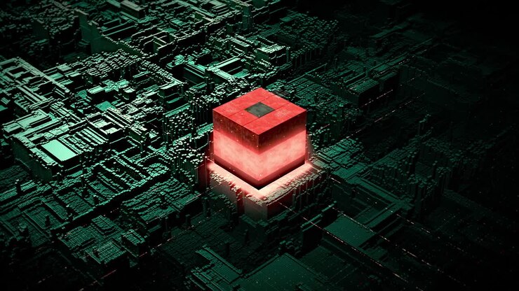 Nucleo del sistema attivato da chiave crittografata. Animazione 3D di Data Mining