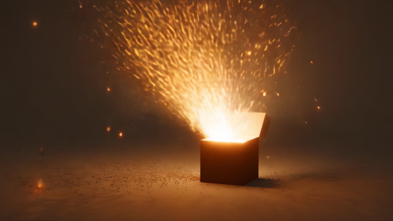 A Mysterious Box Emits Captivating Sparks and Glowing Particles, Enveloping the Surrounding Area in a Magical Display of Light and Wonder, Evoking Curiosity and Intrigue