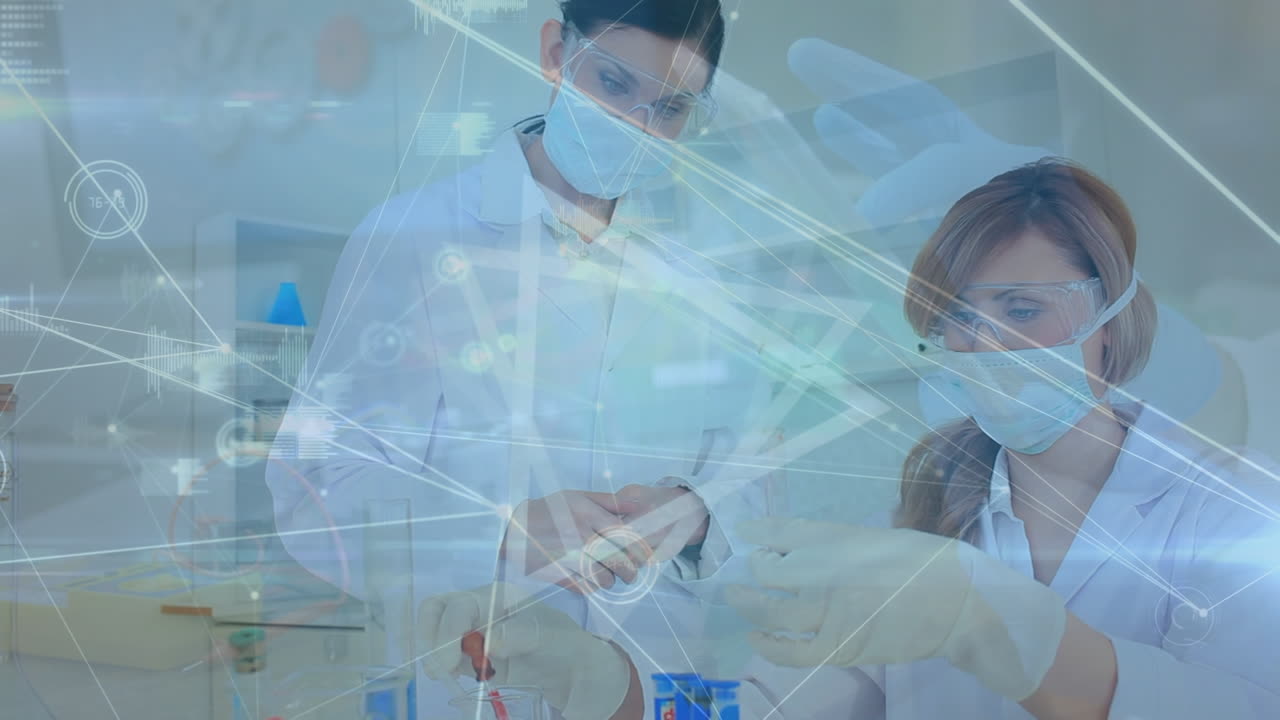 얼굴 마스크를 착용한 다양한 과학자들에 대한 dna  ⁇ 과 연결 네트워크의 애니메이션