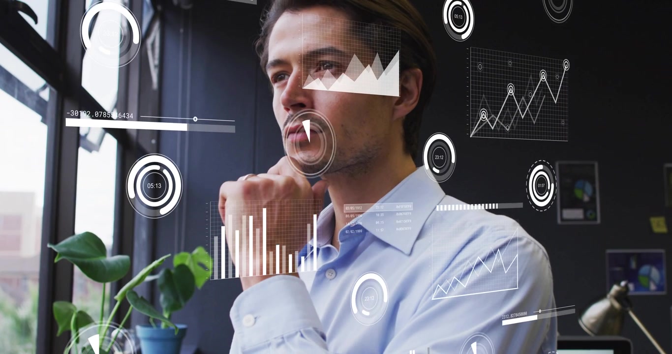 Finance analyst standing at window, HUD appearing and causing uncrossing and analyzing data