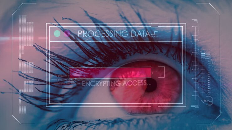 Animation of data processing on screen over woman's eye