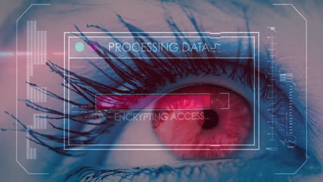 Animation of data processing on screen over woman's eye