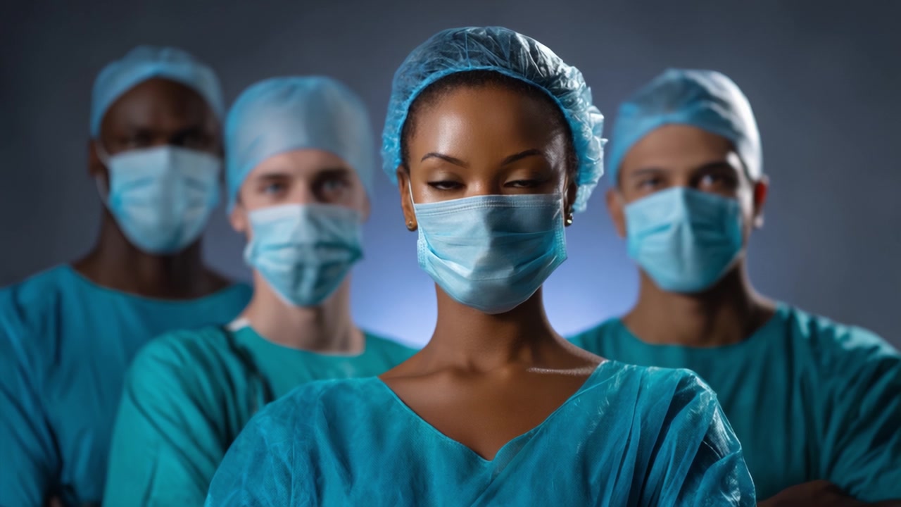 Uma equipe diversificada de profissionais de saúde de scrubs e máscaras faciais, demonstrando união e comprometimento em um ambiente clínico com iluminação de fundo.