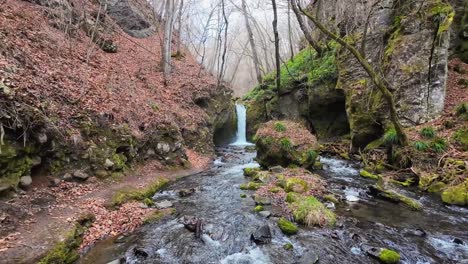 Ruhiger-Bach-In-Einem-Herbstlichen-Wald-Mit-Herbstlaub-Und-Einem-Kleinen-Wasserfall-Am-Ende-Des-Flusses-In-Kanada