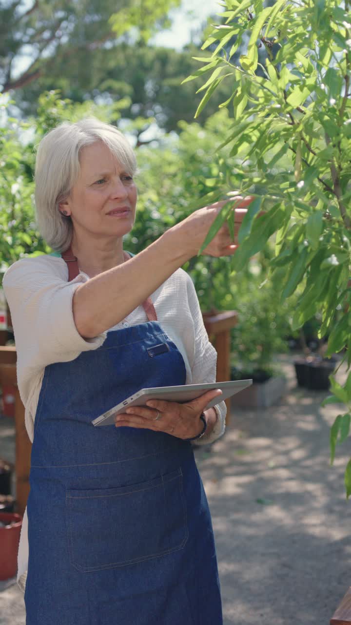 Woman using tablet in garden nursery