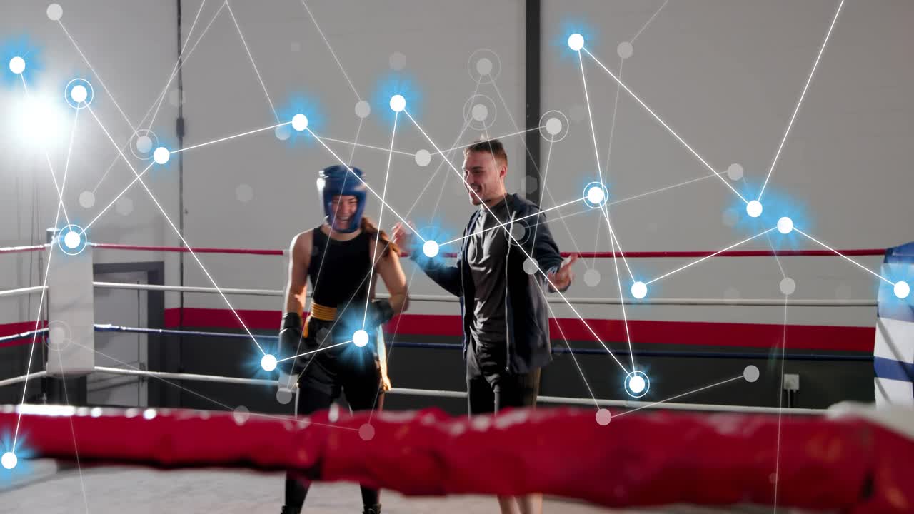 Woman boxer hiding face, man bobbing as nodes mapping joints, coach entering lifting arm cheering