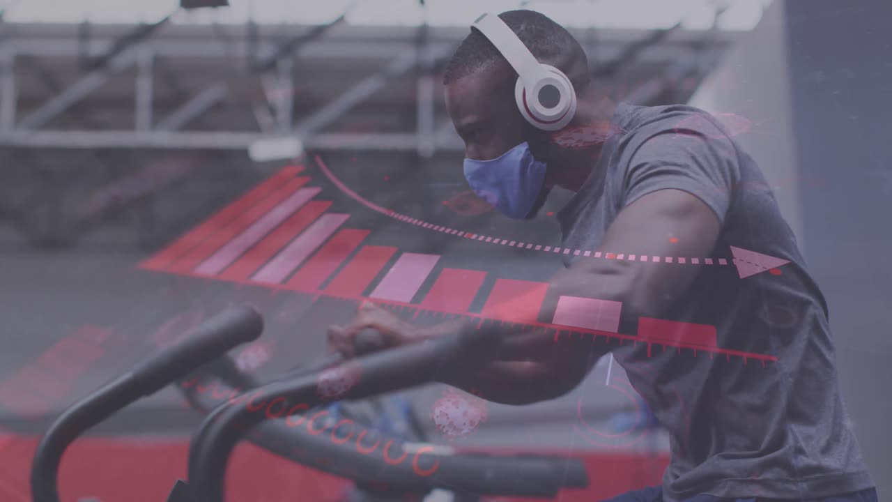 얼굴 마스크를 쓰고 운동하는 아프리카계 미국인 남성에 대한 그래프와 통계의 애니메이션