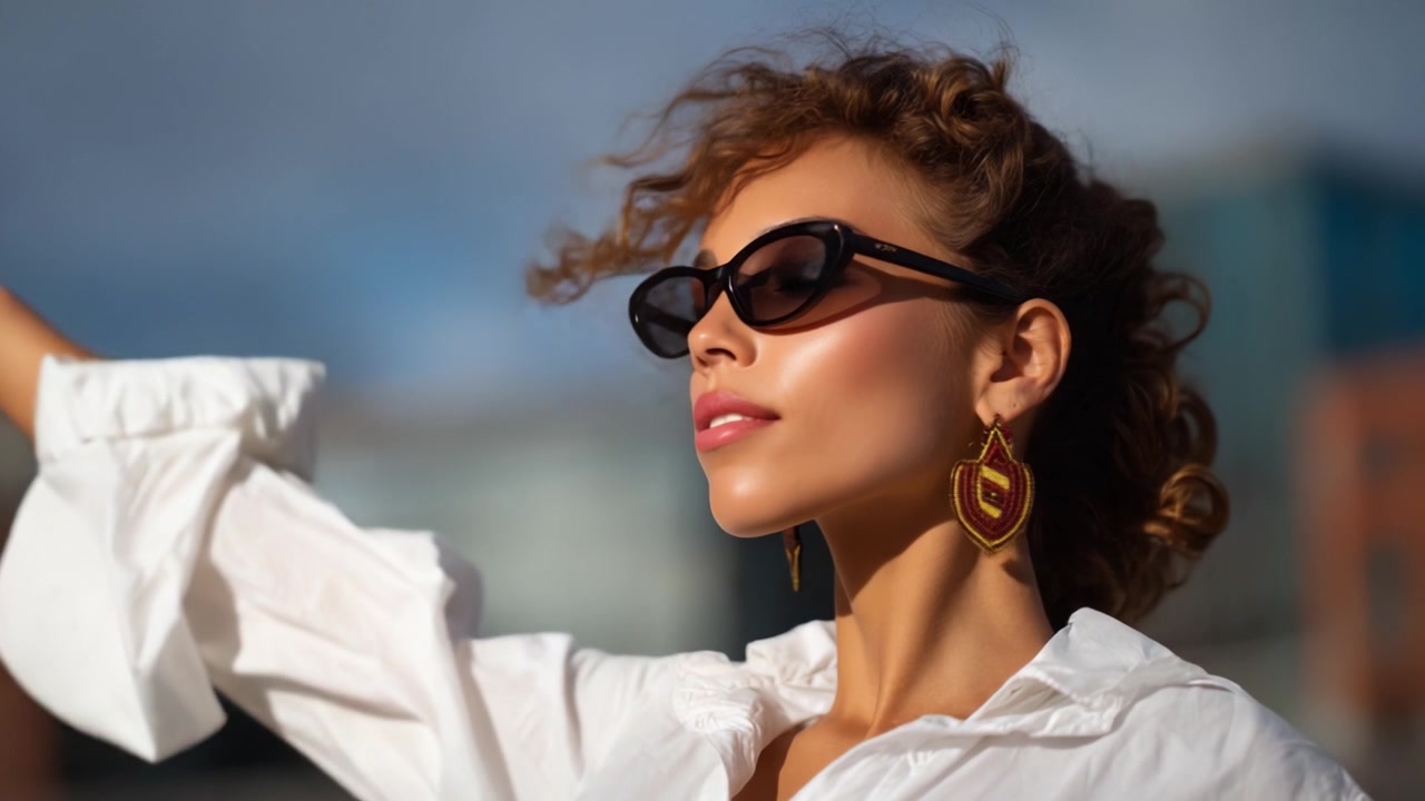 A confident woman showcases her fashion sense and personal style, wearing stylish sunglasses and elegant earrings in an urban setting with a bright sky backdrop.
