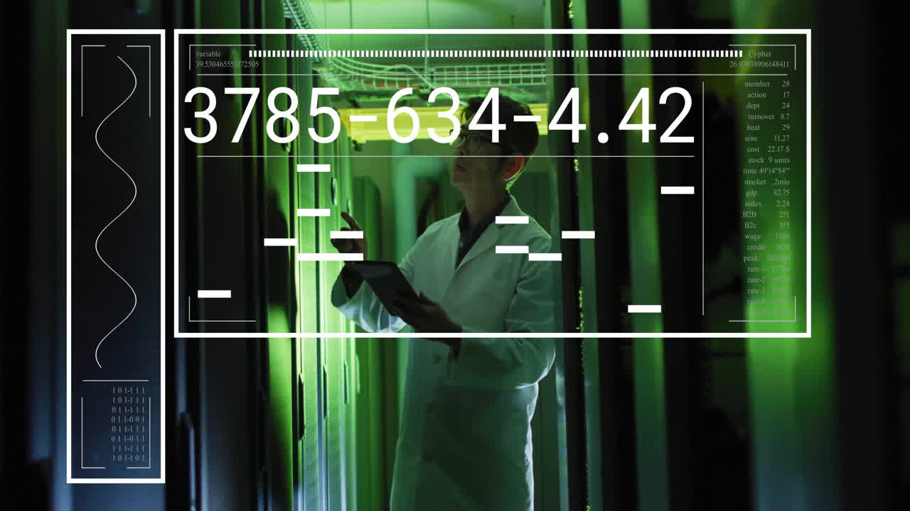 animación de procesamiento de datos científicos sobre trabajador masculino asiático en la sala de servidores