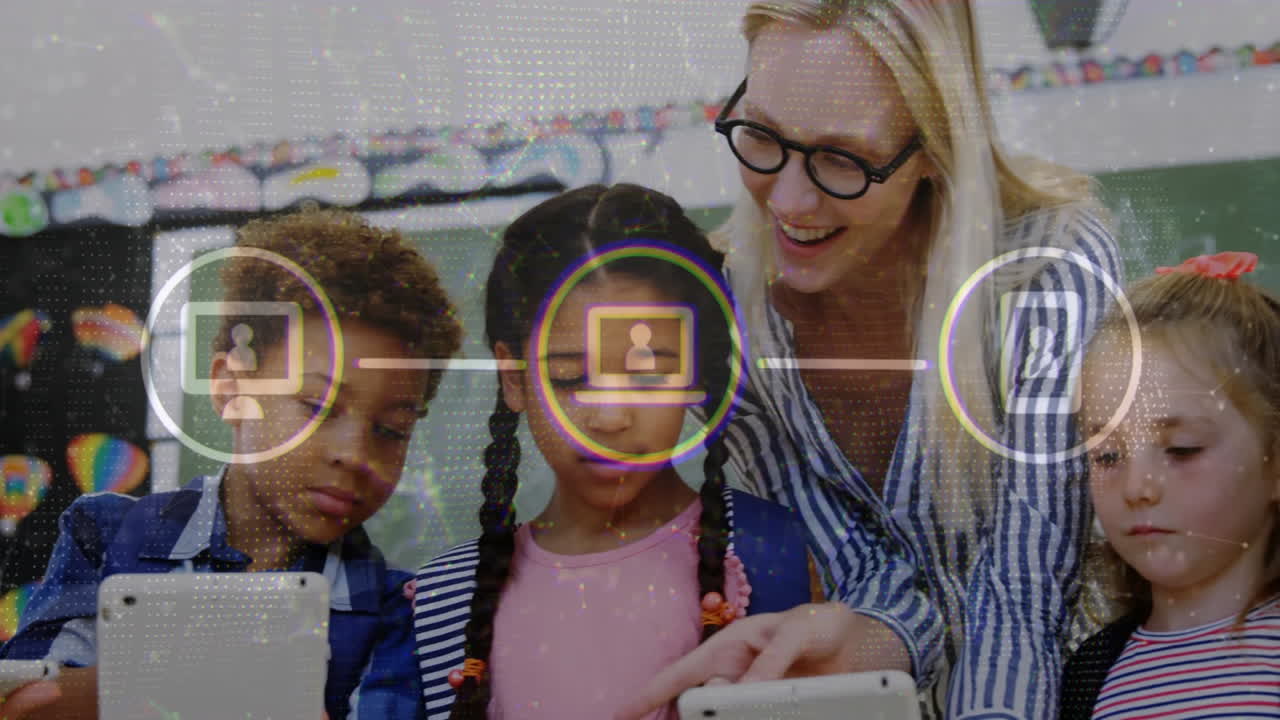 teacher and students leaning over tablets in education, with animated charts floating above devices