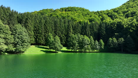 aerial shot of a lake with emerald green water