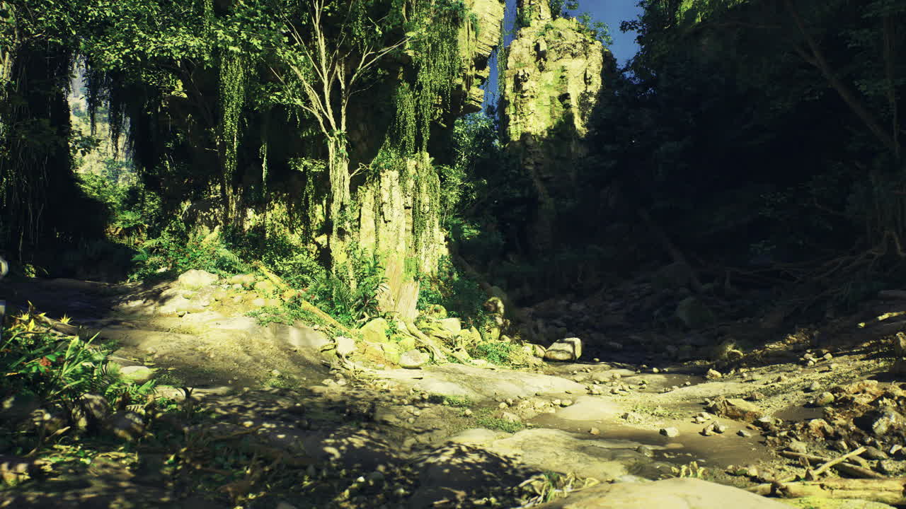 Mysterious rocky terrain with lush green vegetation in natural sunlight