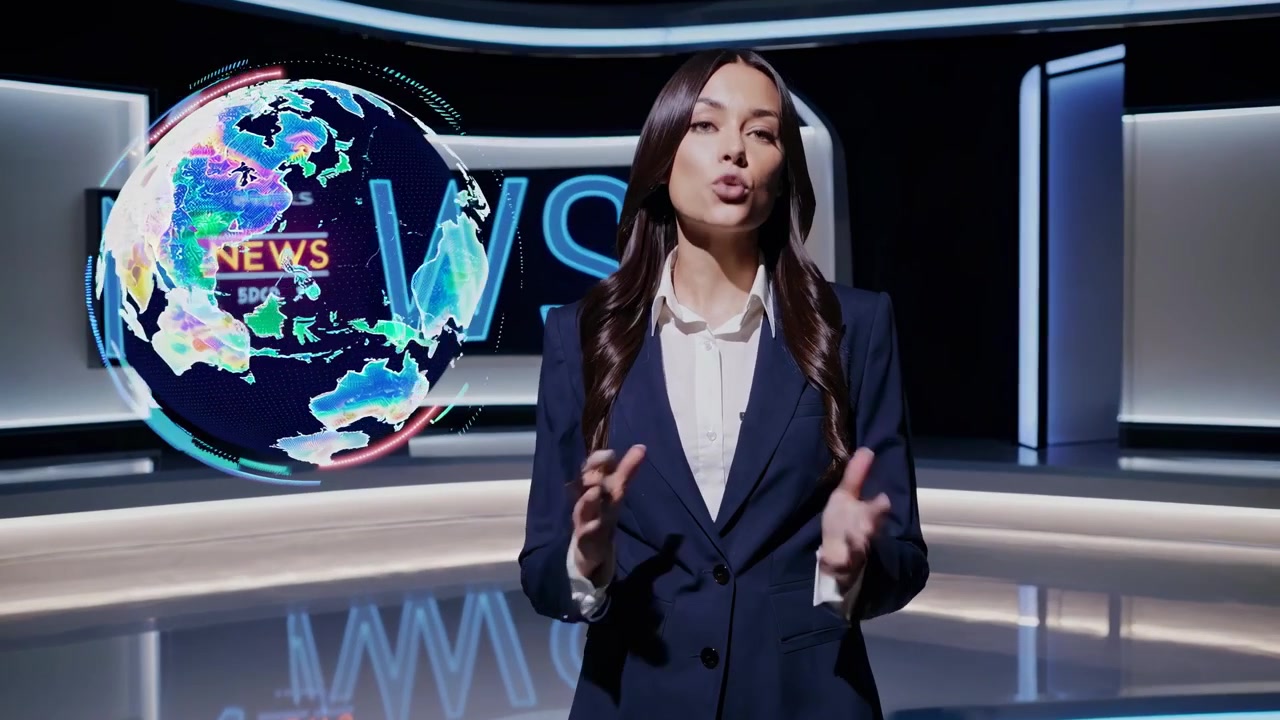 Presentadora de noticias presentando en un estudio virtual moderno