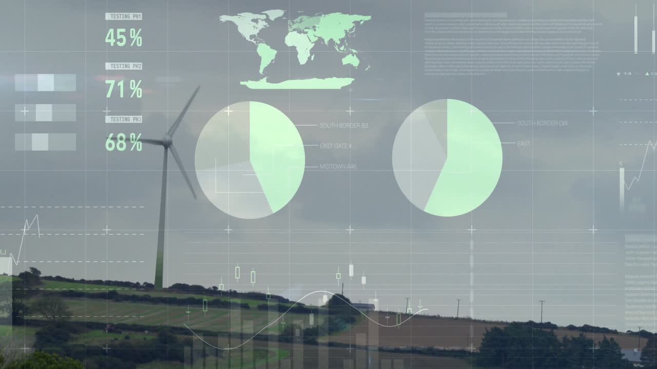 Wind turbine and landscape overlaid with data charts and world map animation