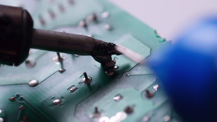 The engineer replaced the IC transistor with a soldering iron on the electrical circuit PCB board to fix device device