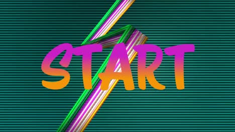 Digital-animation-of-start-text-over-zig-zag-lines-against-green-striped-background