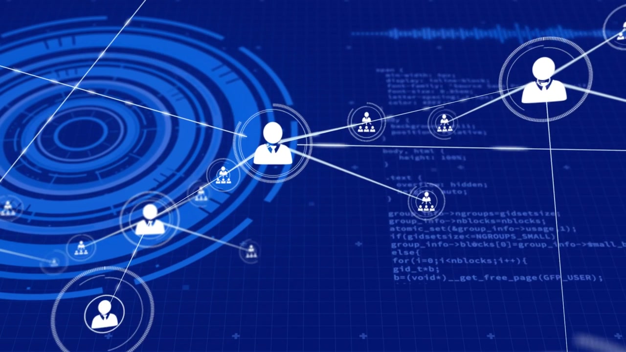 HUD pulsing, central user-avatar emerging and centering, linking nodes and mapping business network