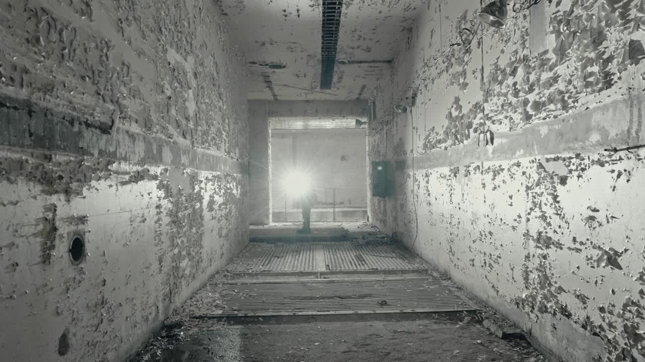 Mysterious Figure Walks Towards Light in Dark Abandoned Tunnel