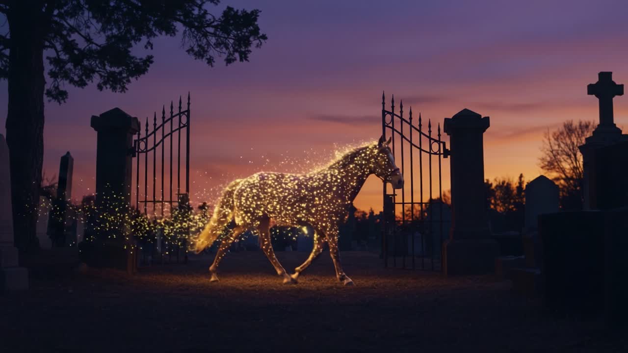 A Mystical Horse Gallops Through Ethereal Gates at Dusk, Leaving a Trail of Sparkling Stardust in a Haunted Graveyard Under a Dreamy Purple Sky