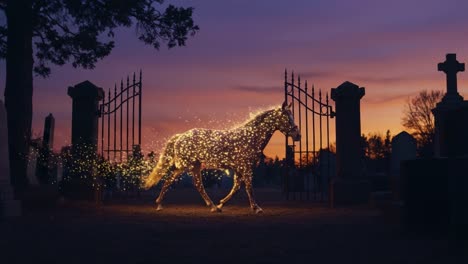 a mystical horse gallops through ethereal gates at dusk, leaving a trail of sparkling stardust in a haunted graveyard under a dreamy purple sky