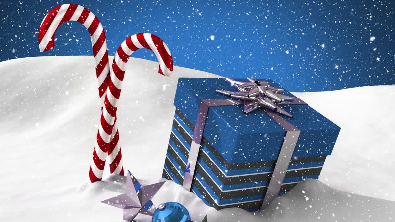 animación digital de la nieve cayendo sobre la caja de regalos de navidad