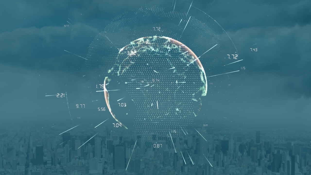 파란색 배경에 연결 네트워크와 도시 풍경을 가진 지구의 애니메이션