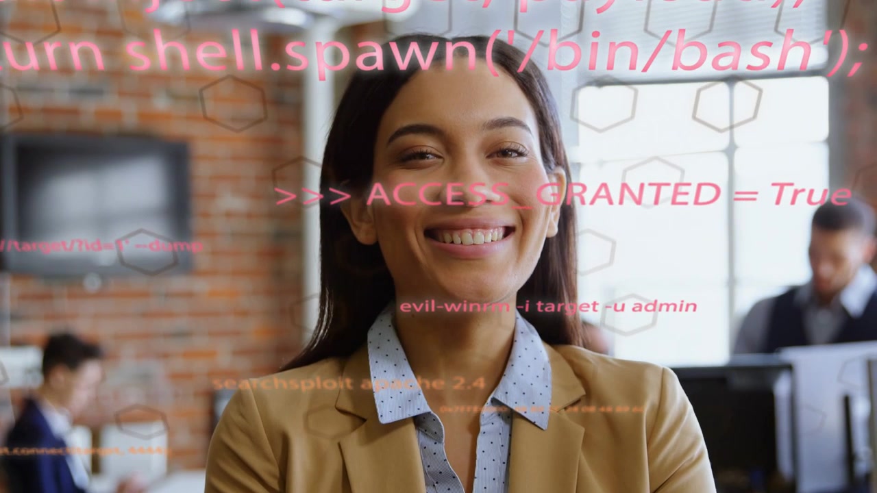 IT manager standing in office watching pink code showing ACCESS GRANTED, smiling, confirming access