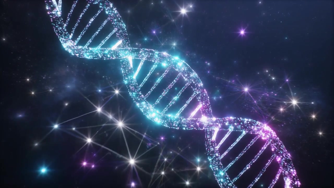 Elica di DNA luminosa che ruota su sfondo di spazio profondo