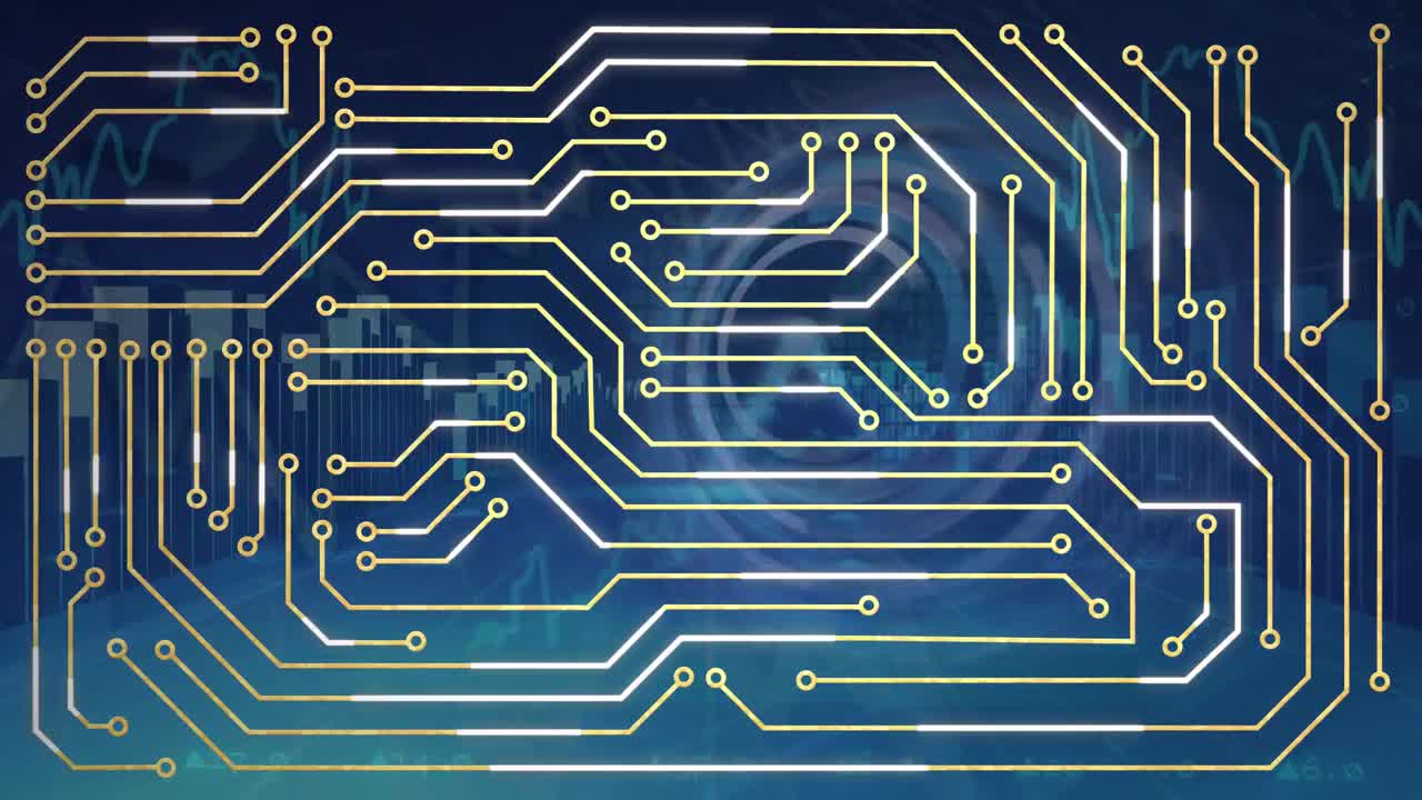 파란색 배경에 그래프와 시계에 대한 집적 회로의 애니메이션