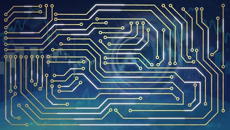 Animation-of-integrated-circuit-over-graphs-and-clock-on-blue-background