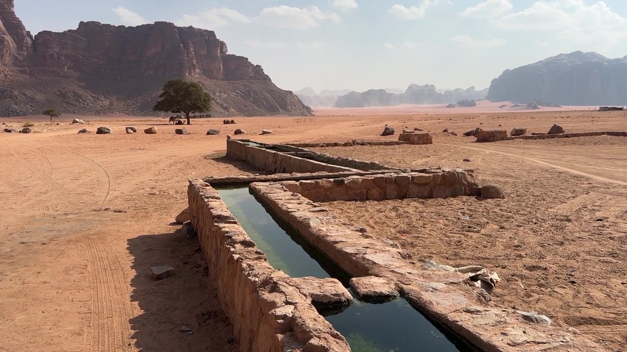 Immagini affascinanti di un tradizionale abbeveratoio per cammelli sullo sfondo del vasto e drammatico paesaggio del Wadi Rum, che catturano l'autentica vita beduina in una delle destinazioni più iconiche della Giordania.