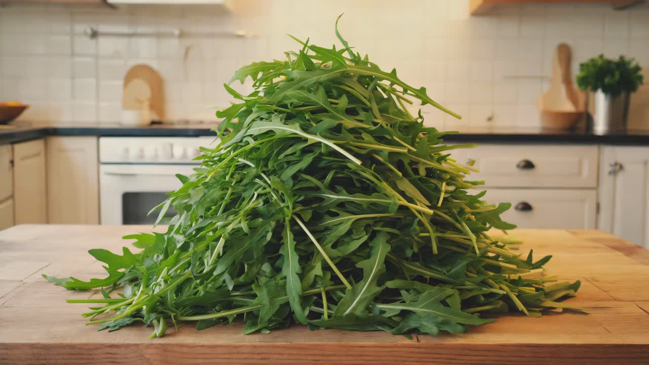 Pile of Fresh Arugula on Kitchen Table