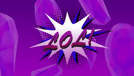 Animation-of-lol-text-in-purple-letters-in-retro-speech-bubble-over-patterned-purple-background