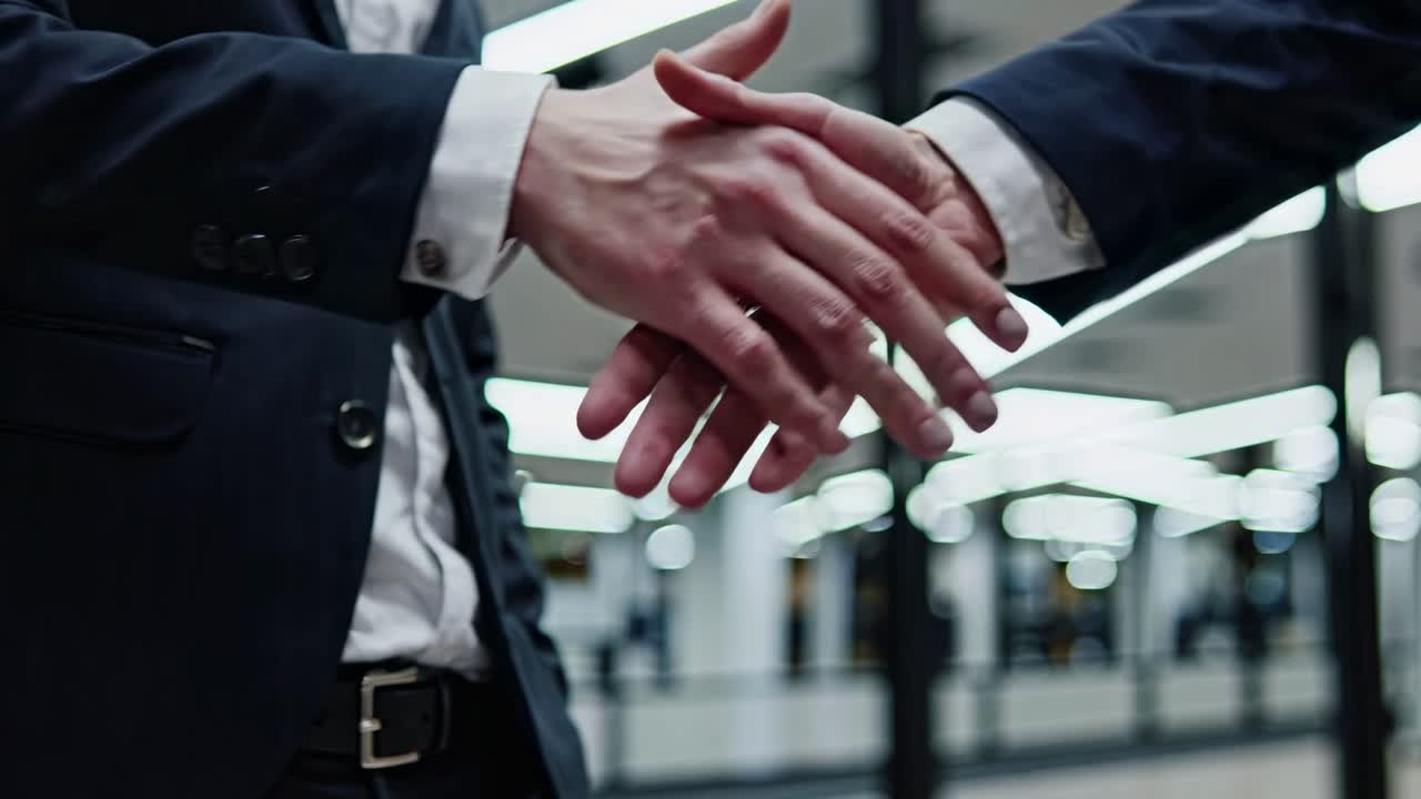 Due persone in abbigliamento professionale che si stringono la mano in un ufficio moderno e luminoso
