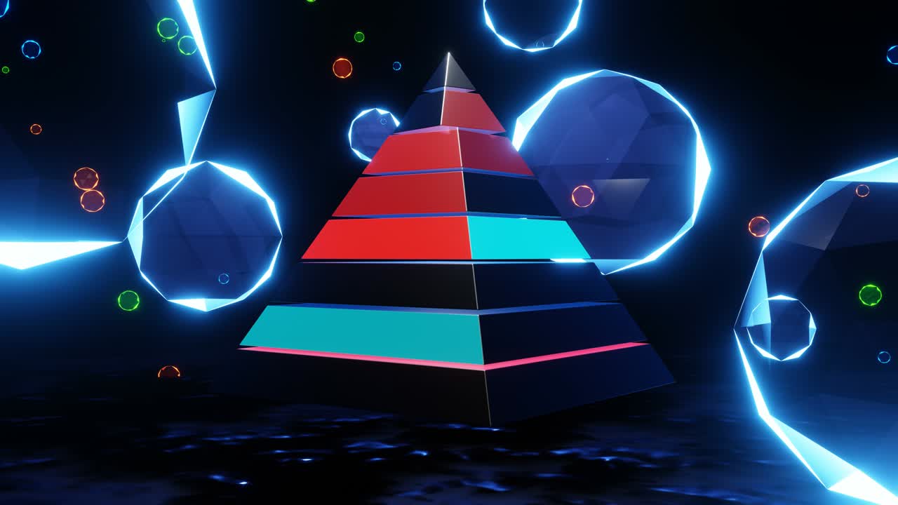 크리스탈 구들 사이에서 색의 피라미드의 회전입니다.